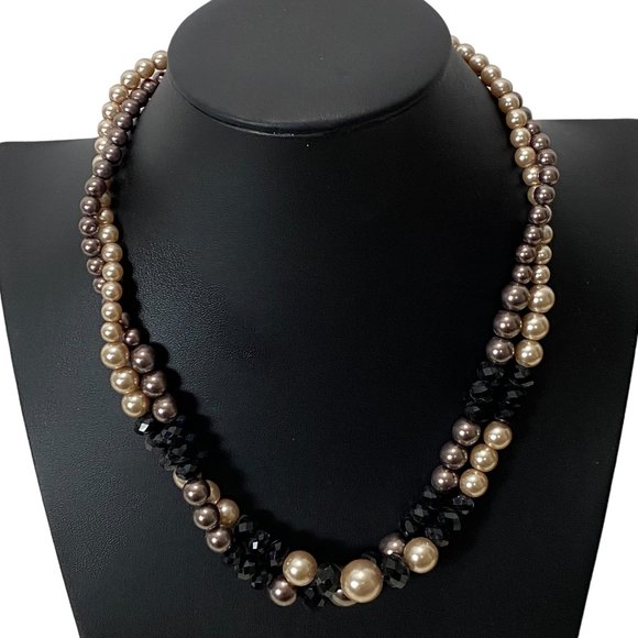 (3-097) Double Strand Necklace Taupe/Beige Pearl-Like Beads Black Faceted Beads - Picture 1 of 12